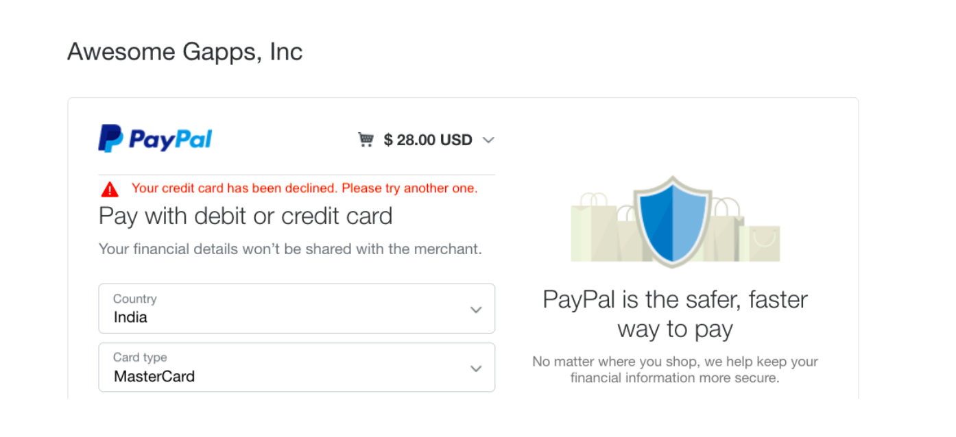 PayPal error: credit card declined