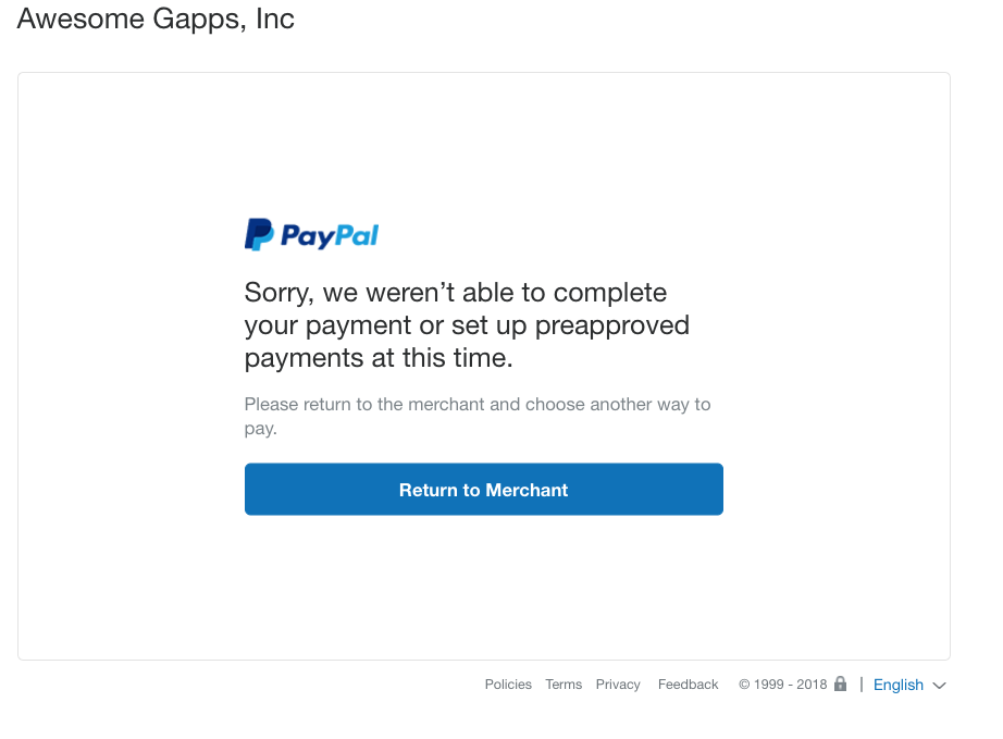 PayPal error: can't complete payment